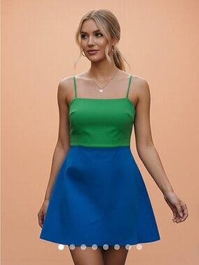 Olivaceous Green & Blue Spaghetti Strap Fit-and-Flare Mini Dress